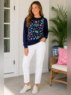 Lilly Pulitzer Floral Embroidery Crew Neck Sweatshirt Size XS